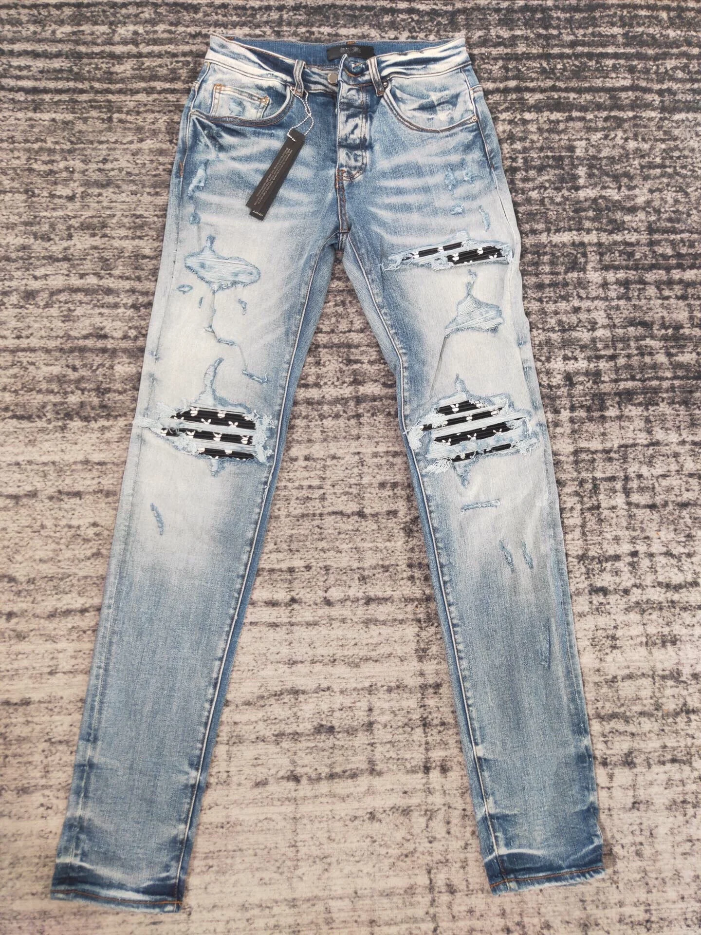 

holes Washed blue do old rabbit print stretch slim jeans men's high street fashion brand