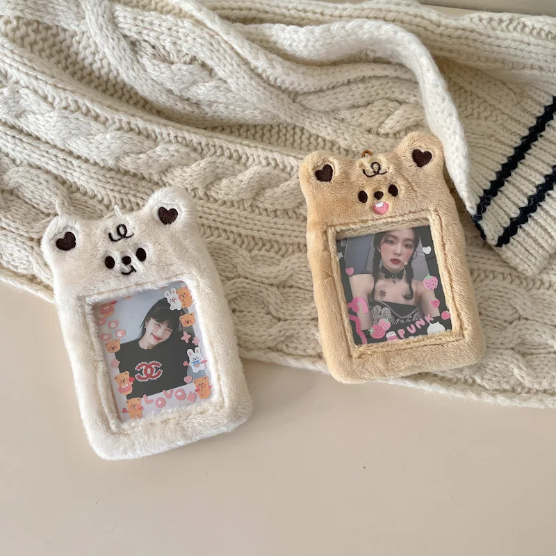 kawaii bear plush photocard holder credit id bank card keychains bus card protective case photo sleeves stationery free global shipping