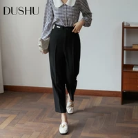 dushu womens pants high waist tapered casual suit trousers fashionable simple loose slim pants women solid color cropped trouser