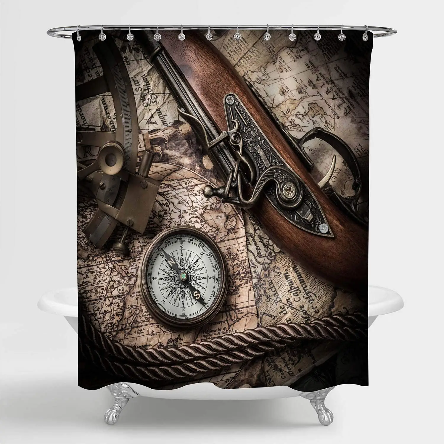 

Vintage Nautical World Map Shower Curtain Ancient Nautical Map with Compass Sextant and Pistol Bathroom Accessories Nautical