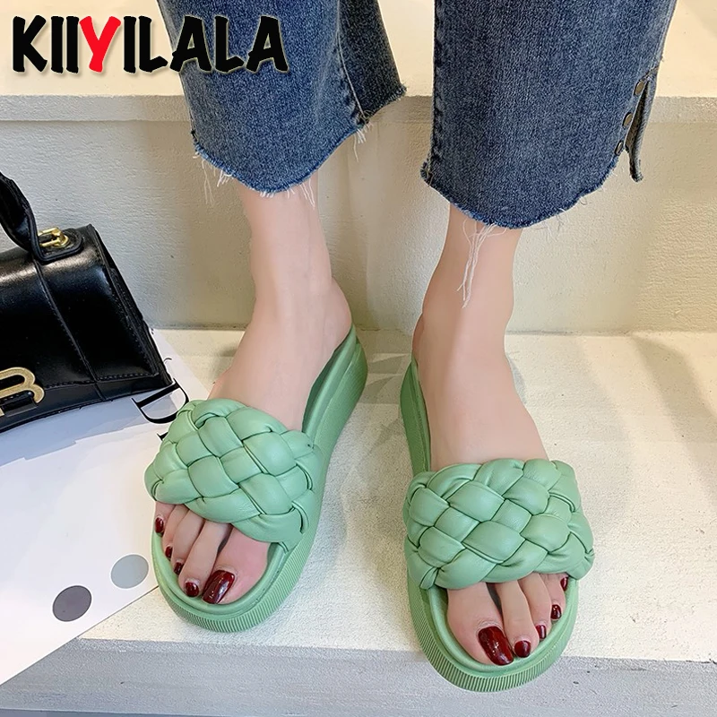 

Kiiyilala 2021 New Platform Slippers Women Summer Flat Platform Slides Bread Cross Flip Flops Peep Toe Mules Students