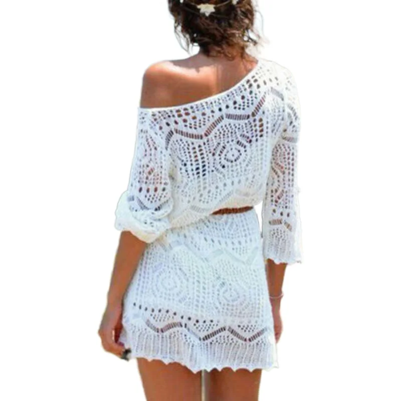 

Women Lace Crochet Bikini Cover Up Swimwear Bathing Suit Beach Dress Boho Hollow Out Knitted Tops Biquinis Feminino Vestidos