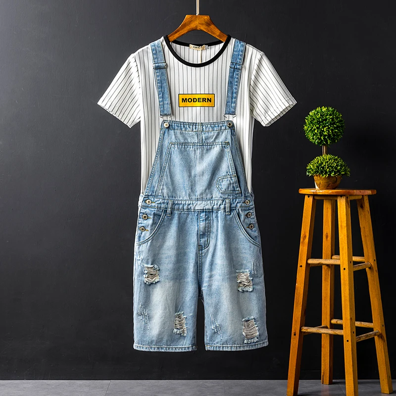 Джинсовый комбинезон мужской летний шорты на подтяжках с цветными отверстиями