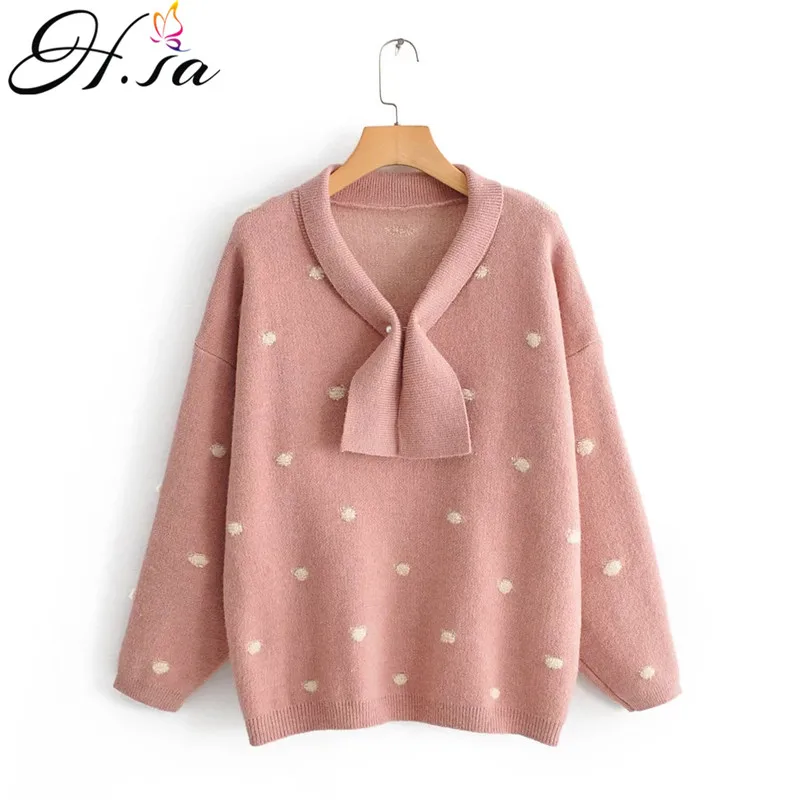 H.SA Women Winter Sweaters Long SLeeve Crew Neck Pink Pullover and Sweater Polka Dots Bow Sweaters Kawaii Knitwear Tops