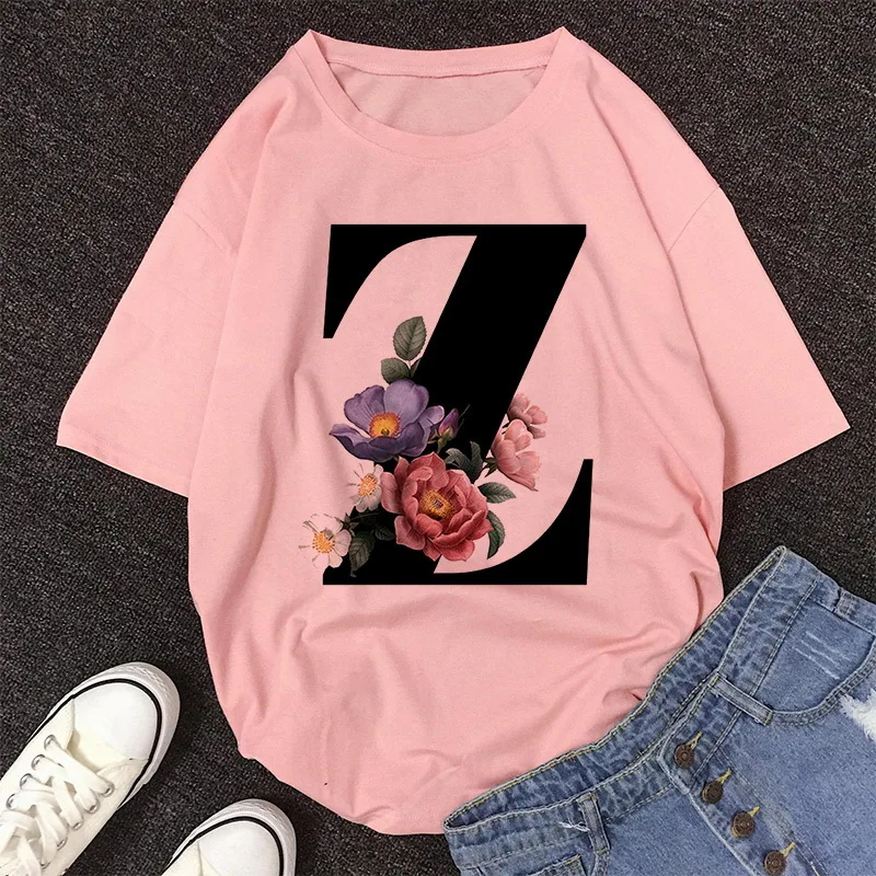 

LV CD 26 English Alphabet Print Tshirt Casual Pink Tops T Shirt Women New Summer Couples Lovers Harajuku T Shirt Female T-Shirt