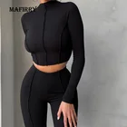 Женский облегающий дышащий спортивный костюм с высокой талией для отдыха, комплект из 2 предметов, летний однотонный короткий топ с высоким воротником и длинные брюки, уличная одежда, 2021