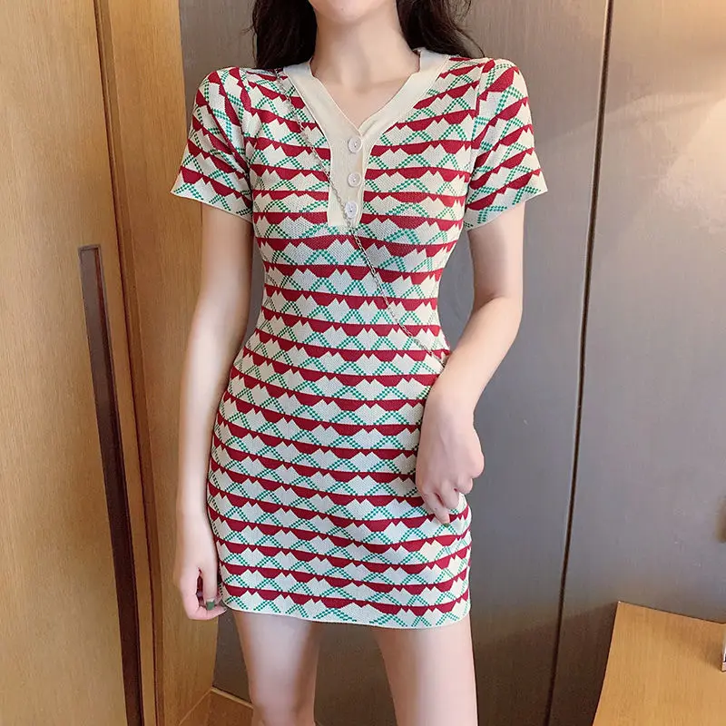 

2020 Fashion WOMEN V Neck Knit Bodycon Dresses Casual Sexy Printed Dresses Holiday Beach Vestidos For Women Date Sheath Dress