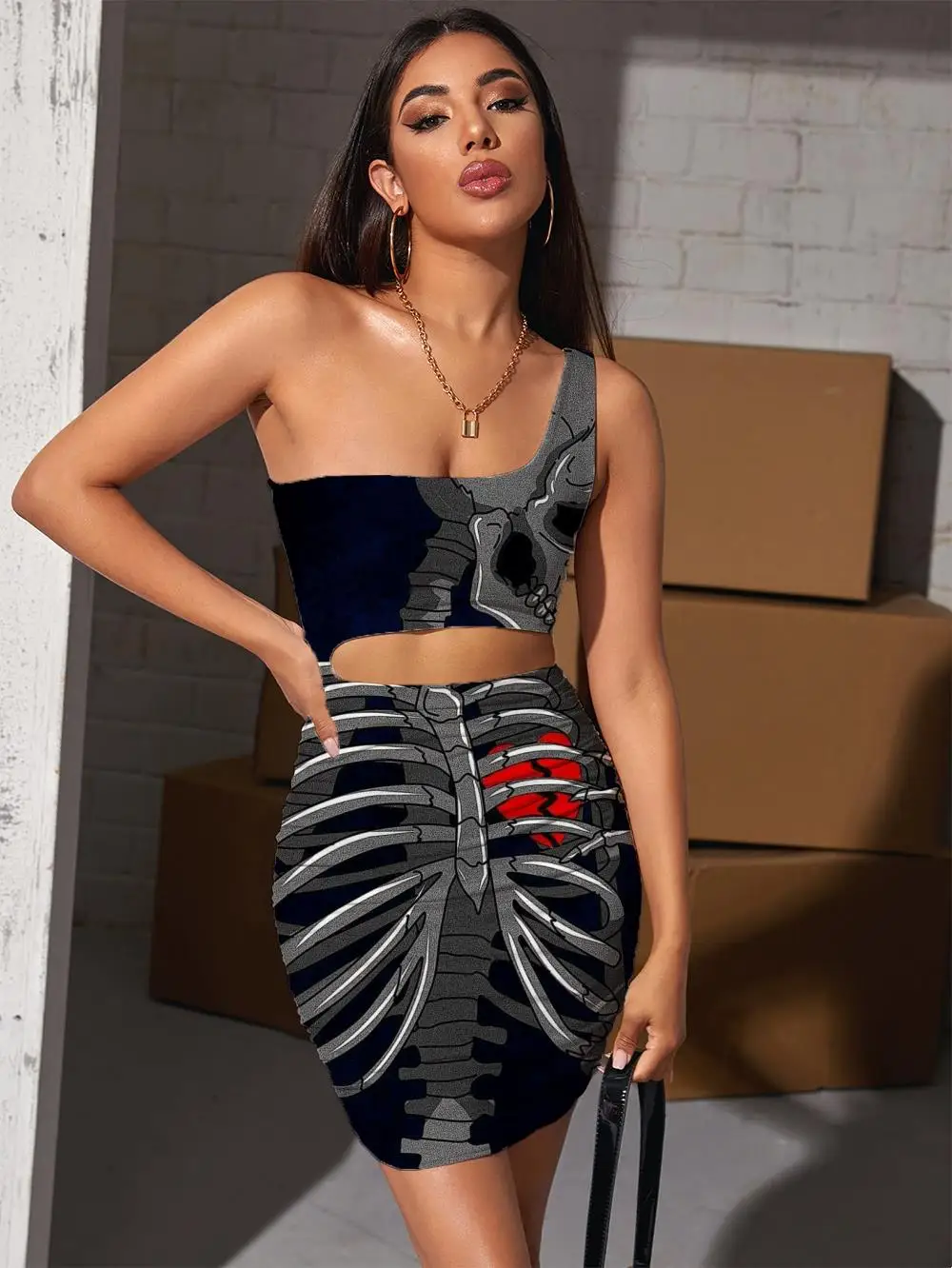 

Женское плиссированное платье-Холтер с черепом, без рукавов