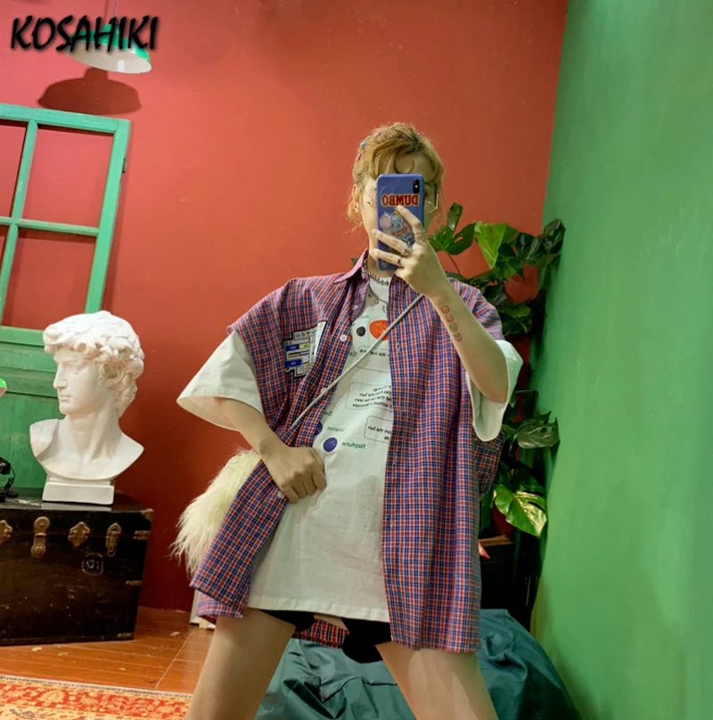 

KOSAHIKI Sleeveless Shirts Women Men Punk Plaid Vest Blouse Korean Loose Couple Oversized Chic Top Harajuku Streetwear 2021