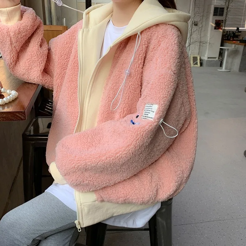 

Women Basic Jackets Plus Velvet Thicker Fake Two Piece Patchwork Loose Zippers Fashion All-match Leisure Lambswool Chic New Ins