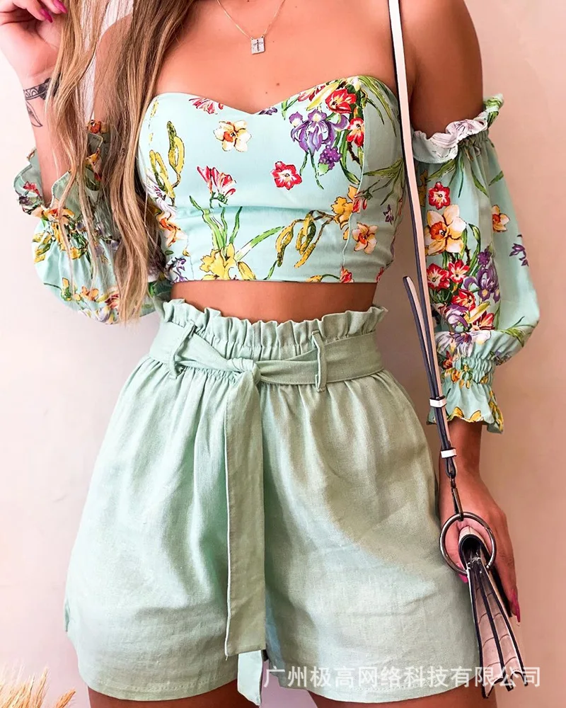 

Women's 2021 new summer one-shoulder print suit