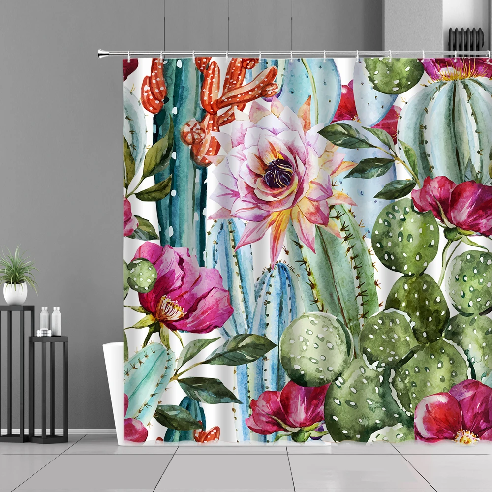 

Тропический зеленый кактус, розовый цветок, занавеска для душа в африканском стиле, пустыня, растение, семейный декор, экран для ванной