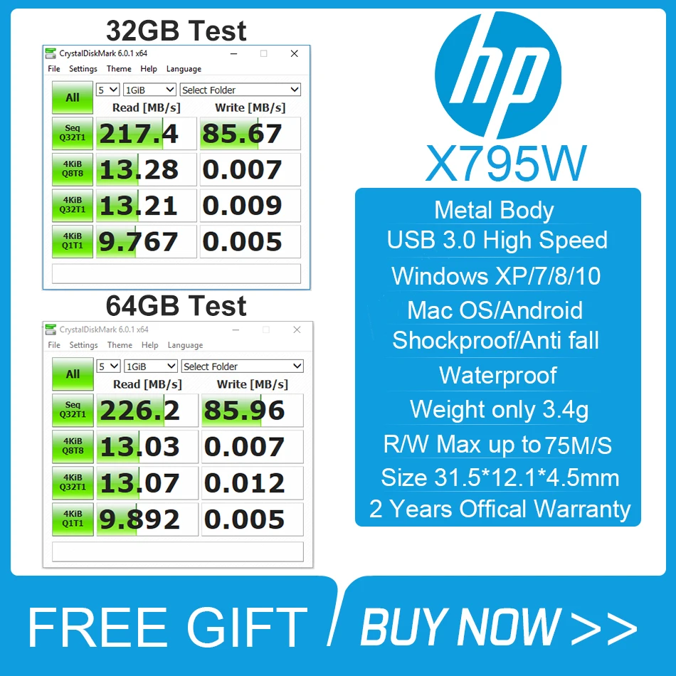 USB-флеш-накопитель HP X795W металлический водонепроницаемый пыленепроницаемый 16-3 0