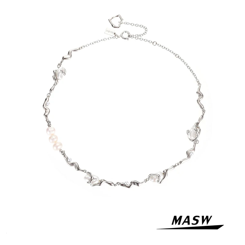 

MASW Original Design One Layer Metal Necklace 2021 New Trend Geometric Natural Freshwater Pearl Pendant Necklace Women Jewelry