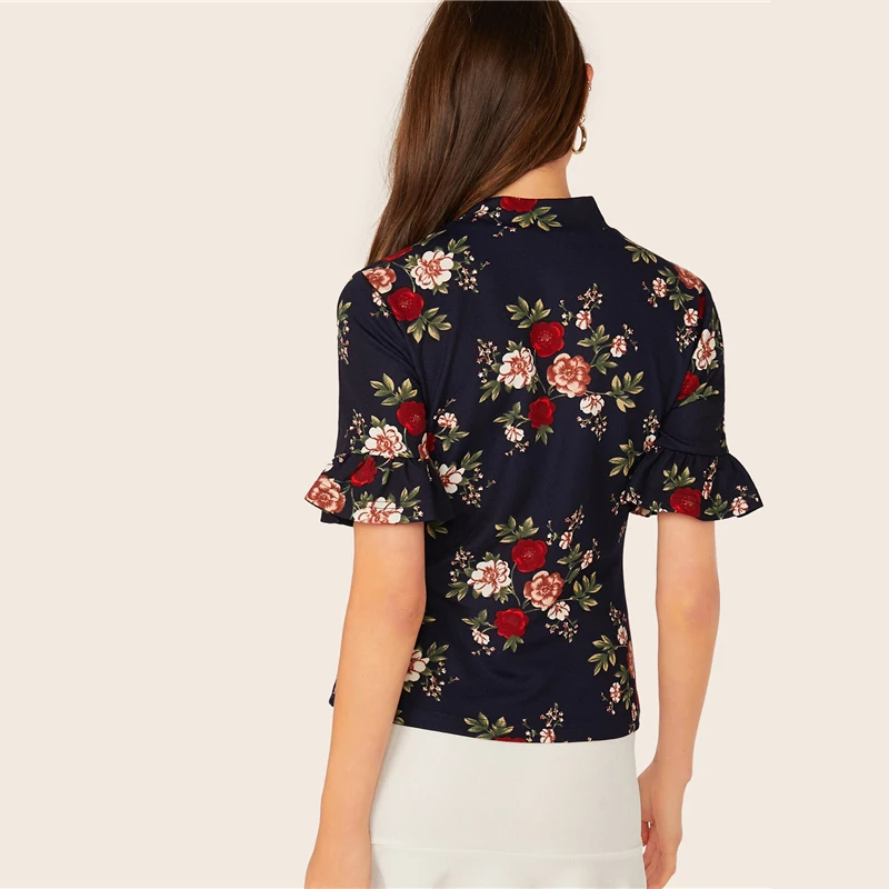 SHEIN abaya/темно-синяя гофрированная манжета с круглым вырезом, футболка с цветочным принтом, топ, женский летний рукав-Волан женские, облегающие элегантные футболки, топы