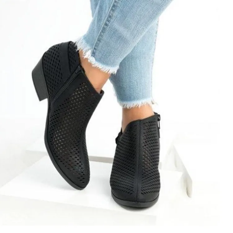 

Summer Women Boots Low Chunky Heel Ankle Boots Womens Pointy Toe Side Zip Pumps Hollow Out Retro Shoes Zapatos Mujer