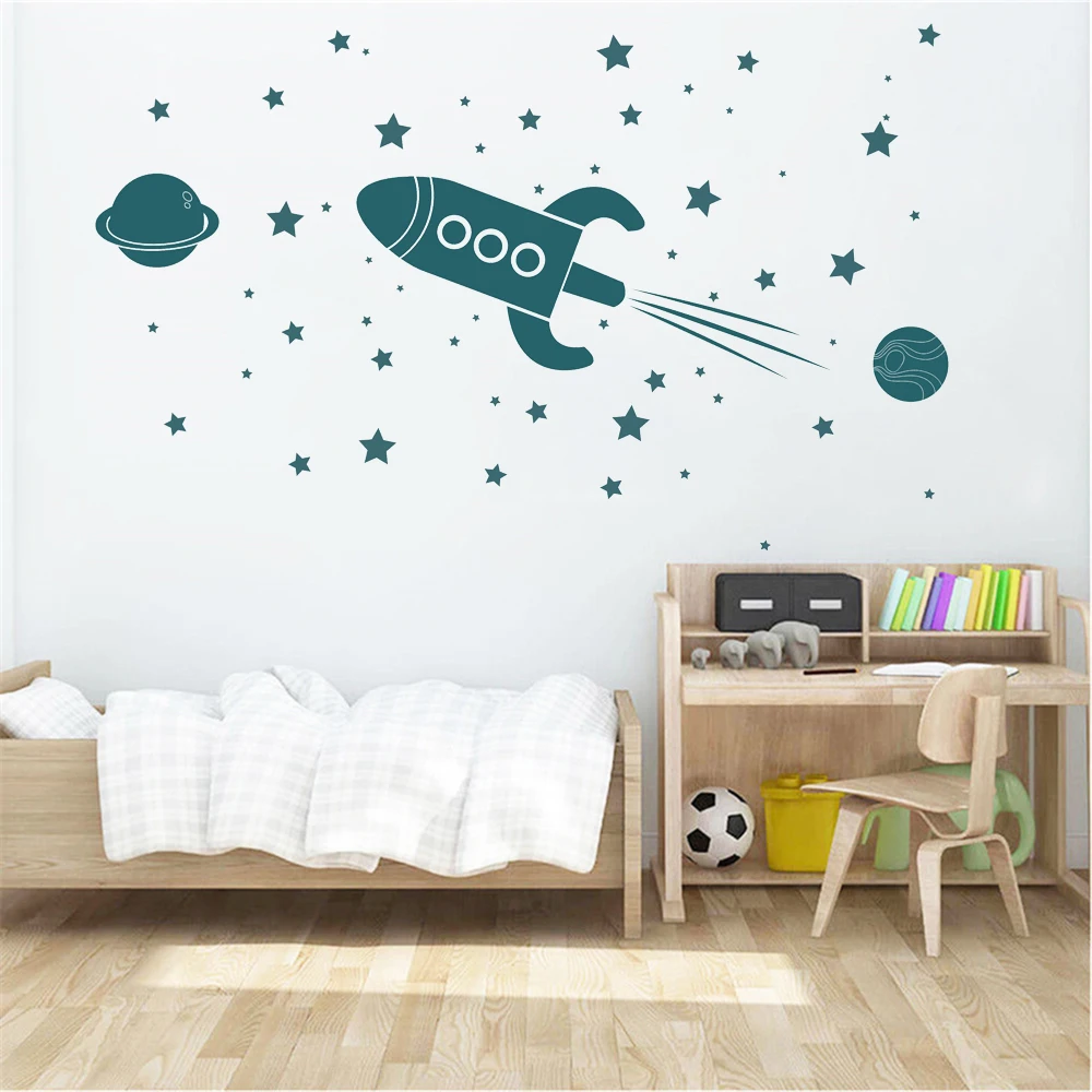 

Planet Rocket Stars Wall Stickers For Kids Children's Rooms Decals Bedroom Decoration Home Removable Nursery Mural DW20560