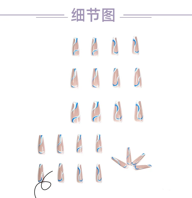 

fake nails overhead with glue coffin artificial nails tips with Waves and lines designs press on nail false nails set nail art