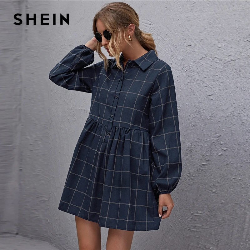SHEIN платье с рукавами фонариками и пуговицами спереди клетчатое для женщин весна