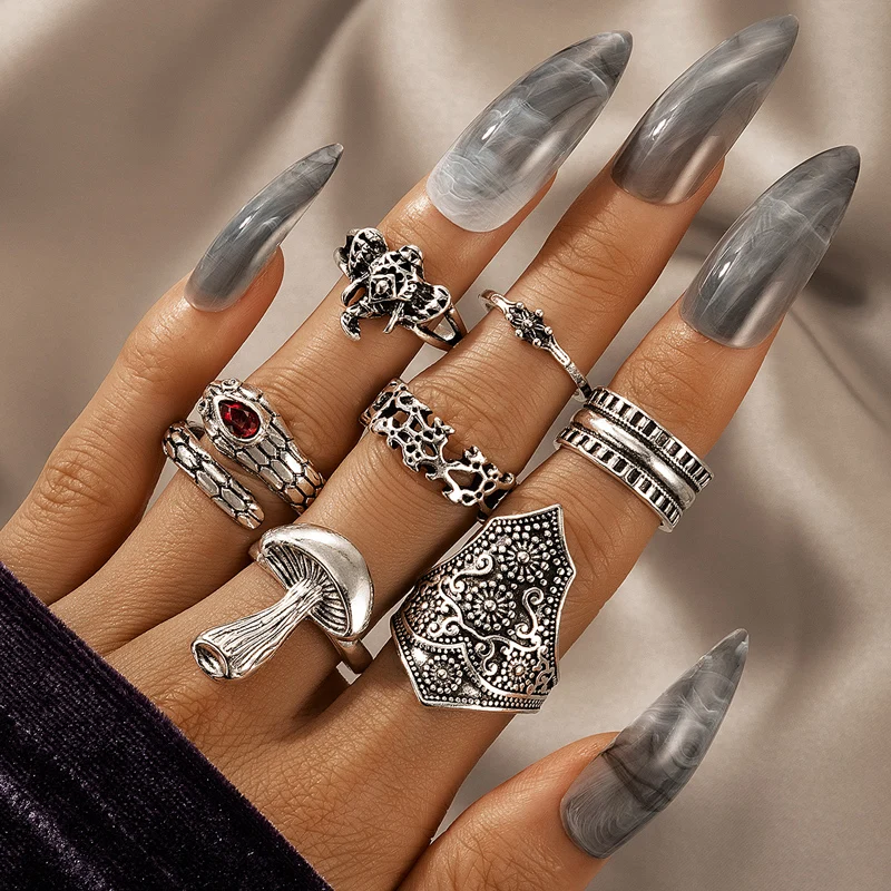 

docona 7pcs/set Ancient Silver Color Mashroom Joint Ring Sets for Women Vintage Elephant Snake Hollow Metal Alloy Rings Jewelry