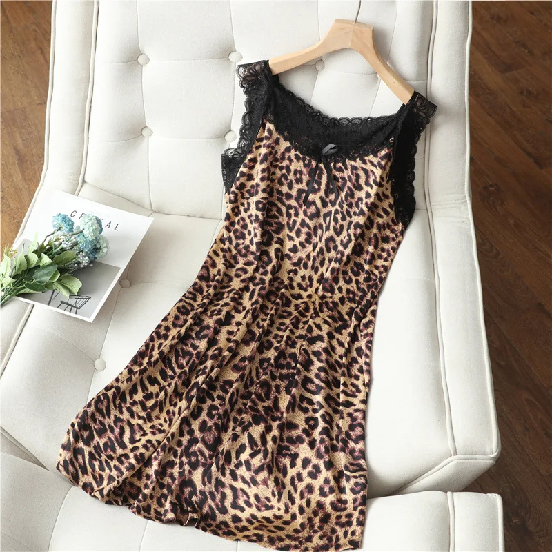

Leopard Sexy Spaghetti Sling Short Women Satin Nightgown Home Clothing Casual Nightdress Lace Summer New Homewear Nightwear