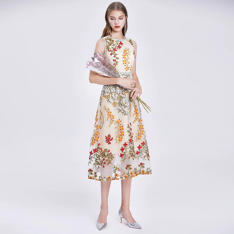 

Women Summer Luxury Embroidered Flowers Sleeveless Sexy Slim Wedding Cocktail Party Robe Female Elegant Mesh Dress Vestidos