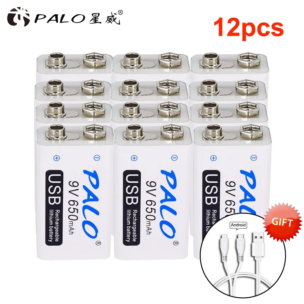 12 pcs PALO 9V USB литиевая батарея 650mAh 6F22 6LR61 литий-ионная аккумуляторная батарея для игрушек массажеры мультиметры гитара с USB кабелем - Цвет: 12 pcs
