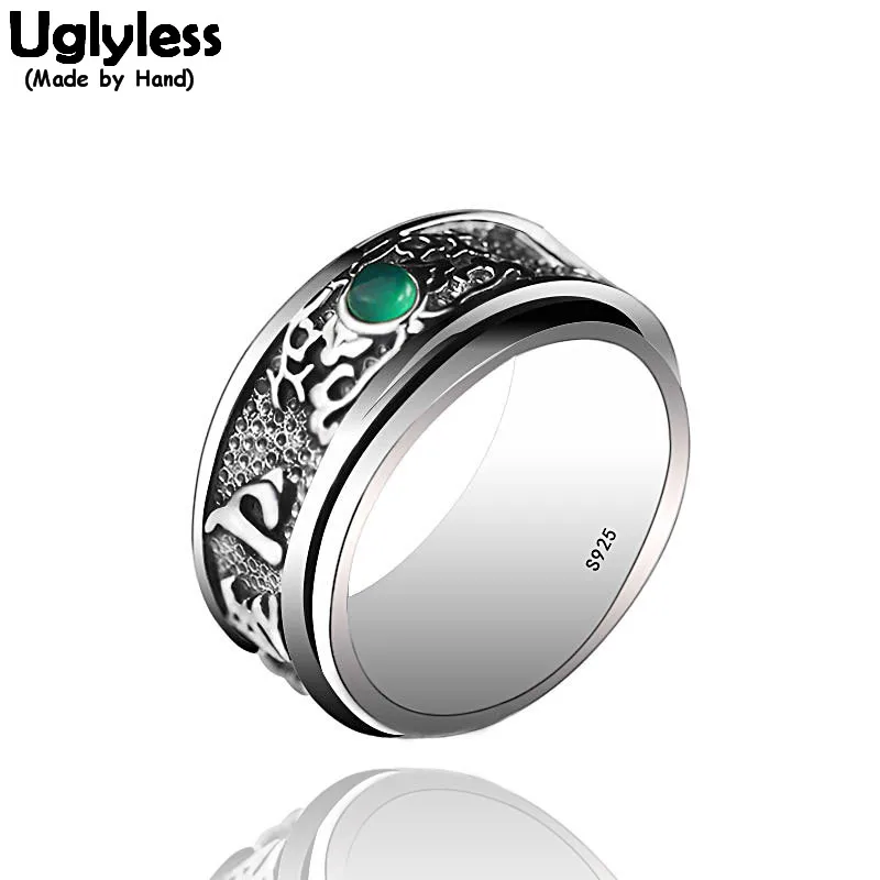 

Uglyless Chalcedony Spinning Rings for Women Six-word Mantra Buddhistic Rings 925 Silver Thai Silver Rotating Fine Jewelry R1063
