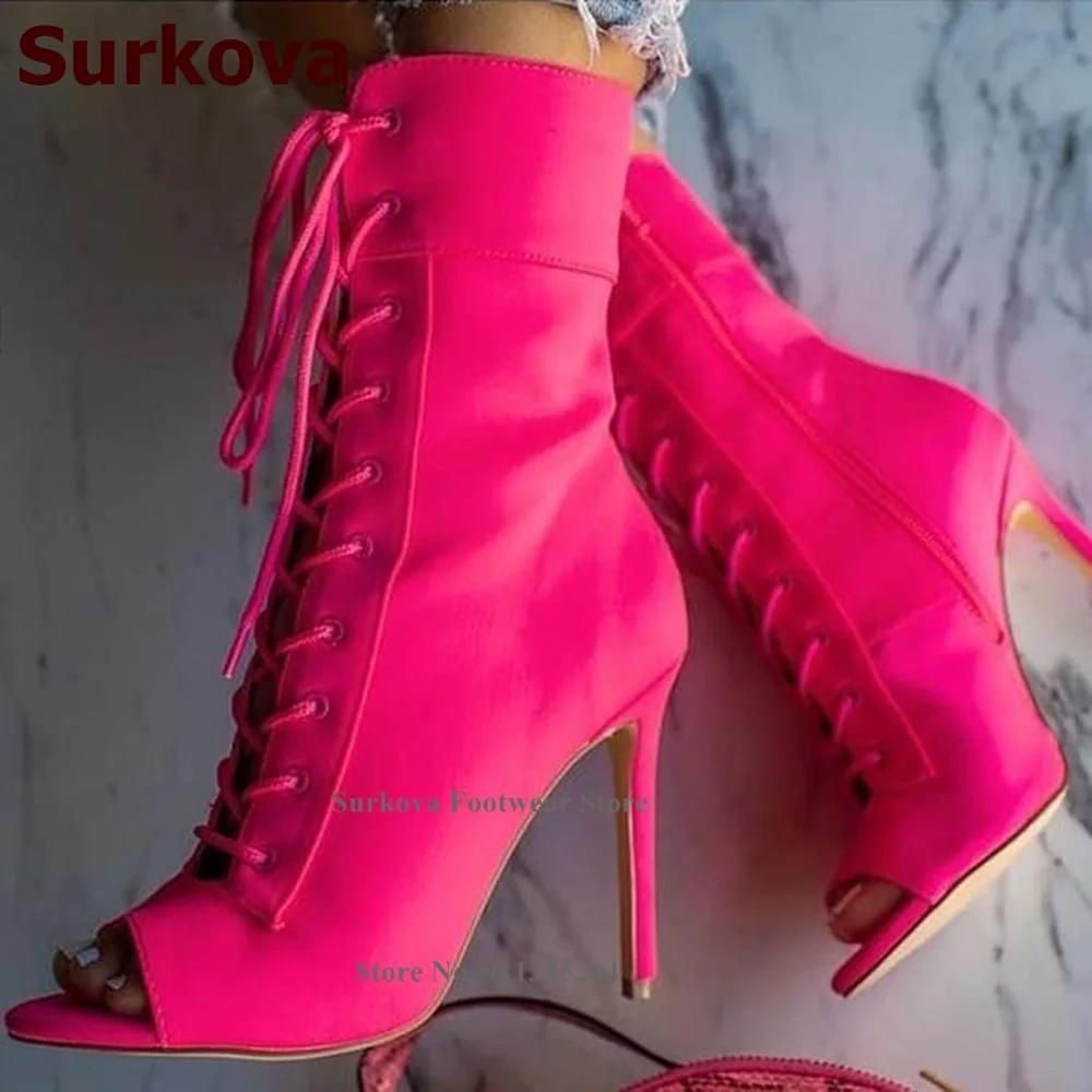 Ботильоны Surkova из лайкры, розовые, неоновые, желтые, на тонком высоком каблуке, с открытым носком, с перекрестными ремешками, размеры 46