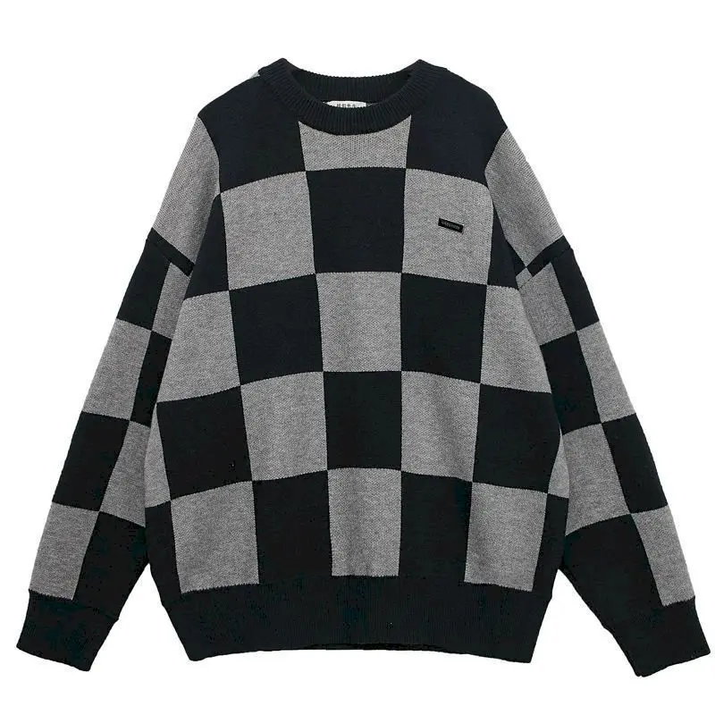 

Мужской свитер в стиле Харадзюку, пуловер, джемпер, свитера в шахматную клетку, с круглым вырезом, осенне-зимняя мужская одежда, свободная ко...
