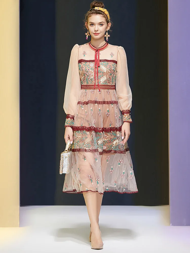

2021 Autumn Fashion Luxury Mesh Heavy Industry Embroidery Slim Ladies Temperament Party Evening Plus Size Long Dress for Women