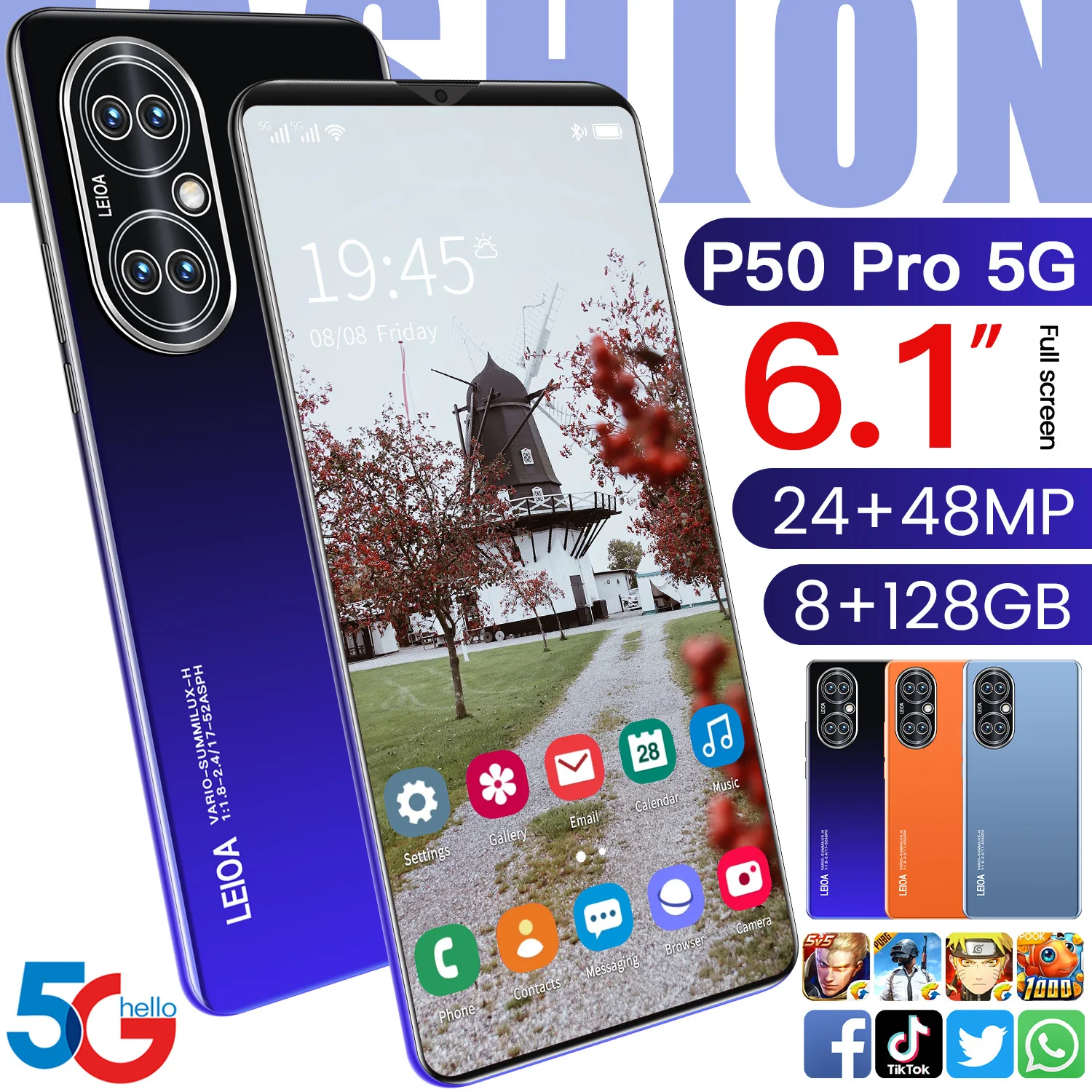 

P50Pro 6.1 Inch 8+128GB 5000mAh 10 Core Andriod Smart Phone MTK6595 Global Dual SIM+Micro SD 24+48MP Fingerprint ID Cellphones