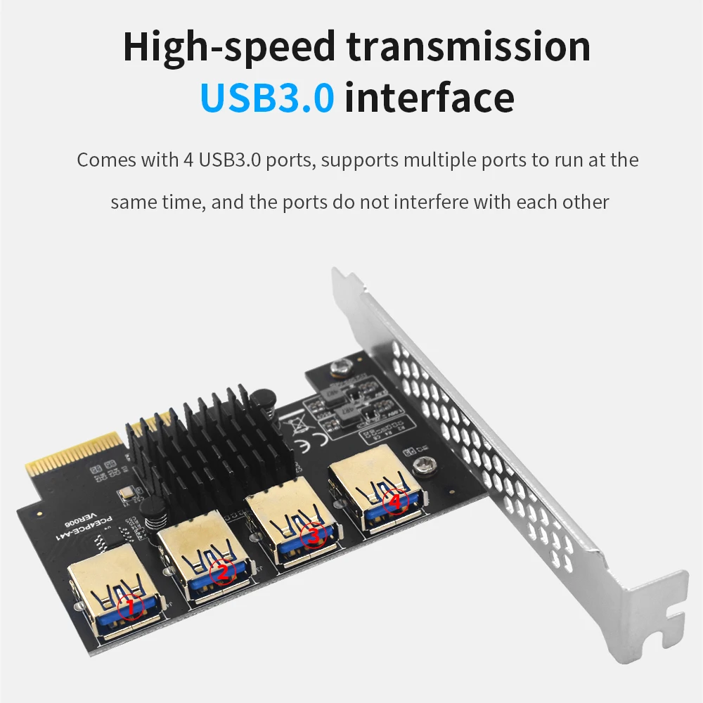 Разветвитель TISHRIC Pcie PCIE 4X to 4 Prot USB 3 0 Express Rise Расширительная плата совместимая с X4 X8