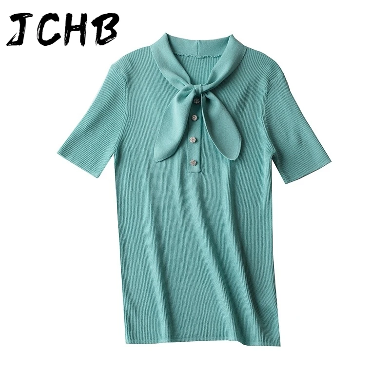 

JCHB Summer Sexy Tight Elastic Short Sleeve T Shirt Tops Female New Single Button O Neck Hollow Out T Shirt Women Slim Crop Tops