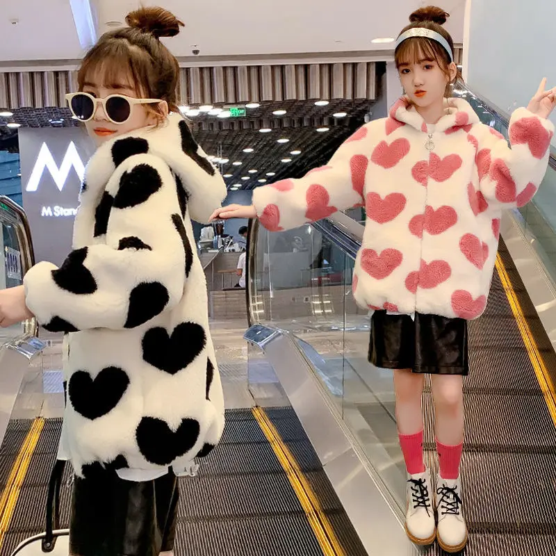 

2022 Autumn Winter Fashion Plush Imitation Fur Girls Jacket Keeping Warm Hooded Outerwear for Kids Thick Children Girl Coat G243