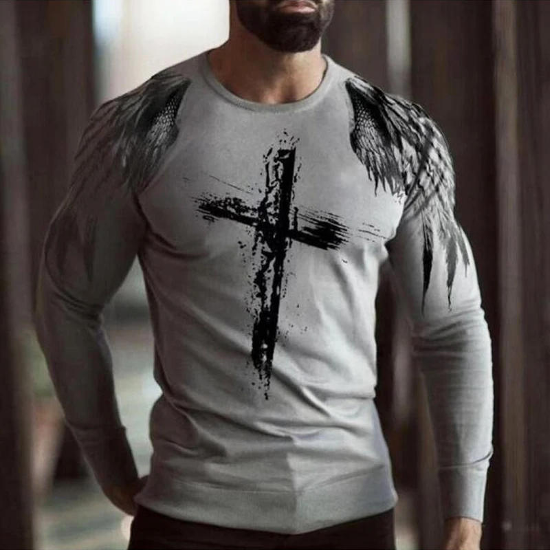 

Fashion Cross Printed Long Sleeve T Shirts Men 2021 Spring Casual Slim O-Neck Pullover Tees Vintage Mens Clothing Streetwear 3XL
