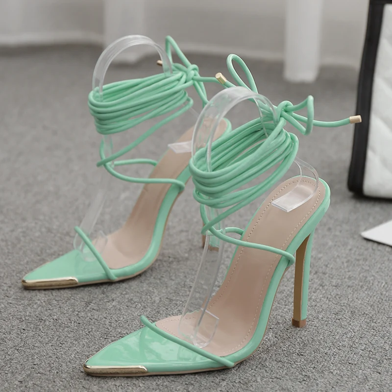 

Женские дизайнерские босоножки на шнуровке, красные или Зеленые босоножки с острым носком, на тонком каблуке 2021 см, обувь для вечеринки, лет...