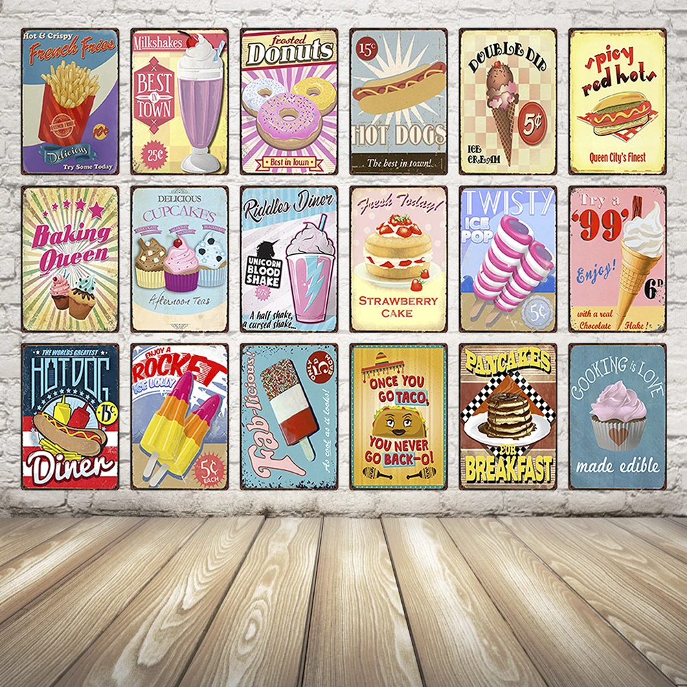 [Kelly66] металлическая живопись с пирожными хот-догами винтажный настенный постер
