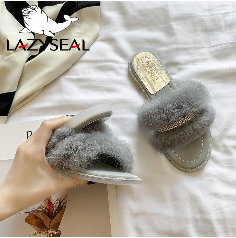 LazySeal/шикарная обувь; женские тапочки на натуральном меху; теплые пушистые тапочки на плоской подошве; женские сандалии со стразами; женские шлепанцы; вьетнамки