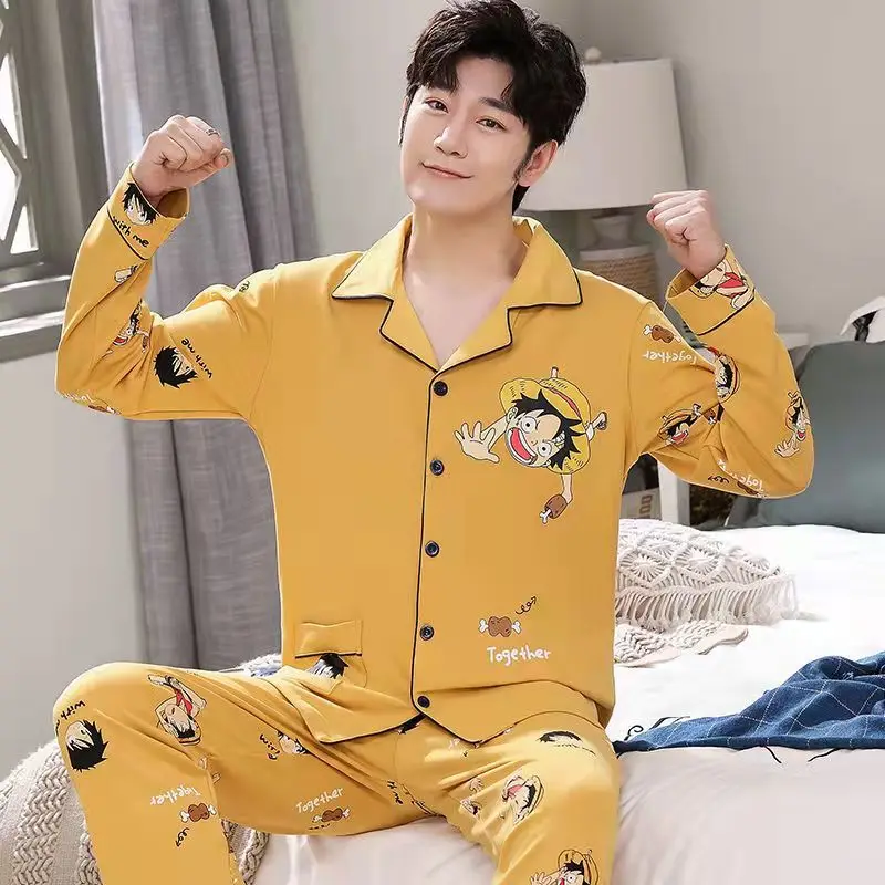 Mens Autumn Winter Pijamas Anime 2 pieces Japan Home Clothing Long Sleeved Cartoon Pajamas Cardigan Gentleman Pajamas Set New