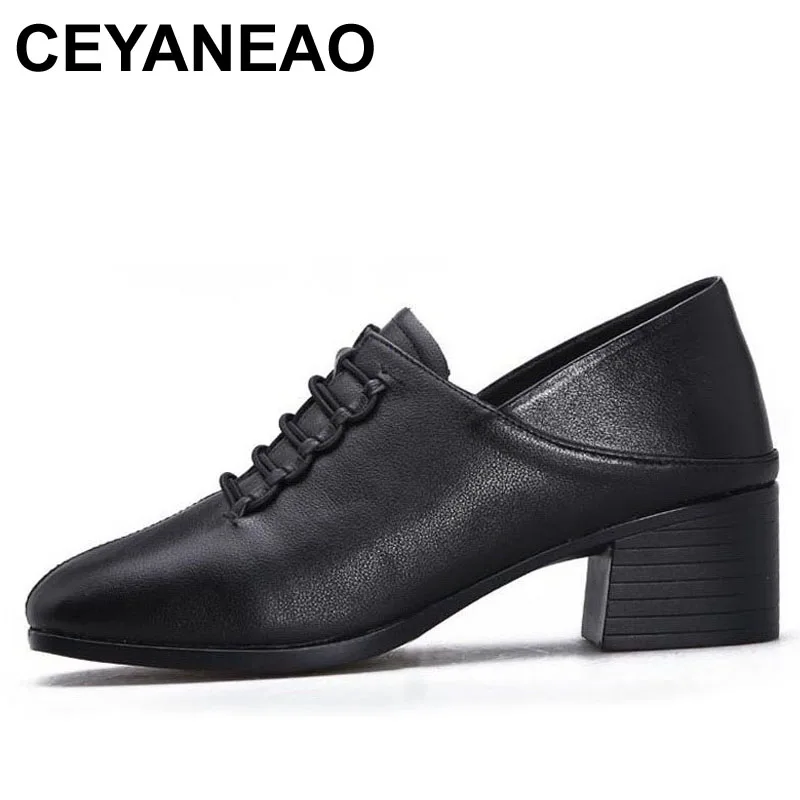 

CEYANEAO 2020 Women Shoes Classic Black Genuine Leather Chunky Heel Shoes Women Pumps Casual High Heels Office Shoes Woman