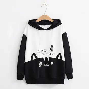 Women sweatshirt Cat Print hoodies kawaii Japanes pullovers Loose Casual Long Sleeve Pocket Hoodie Blouse Tops sudadera mujer 1