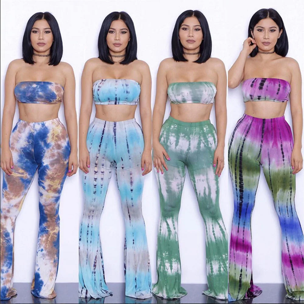 Брюки-клеш с принтом тай-дай укороченный Топ без бретелек и широкие брюки