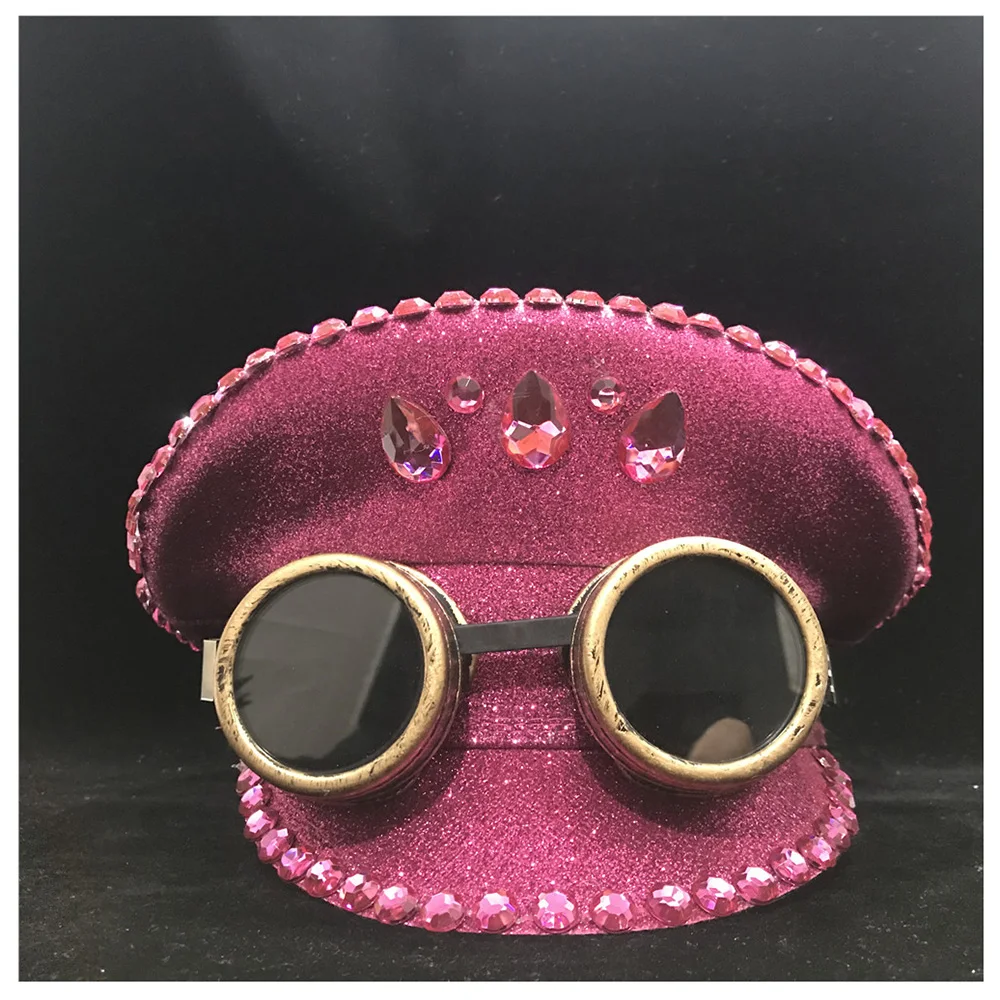 Women Steampunk Pink Police Hat With Gear Glasses Performance Military Guard Adult Fascinator 3 Size |