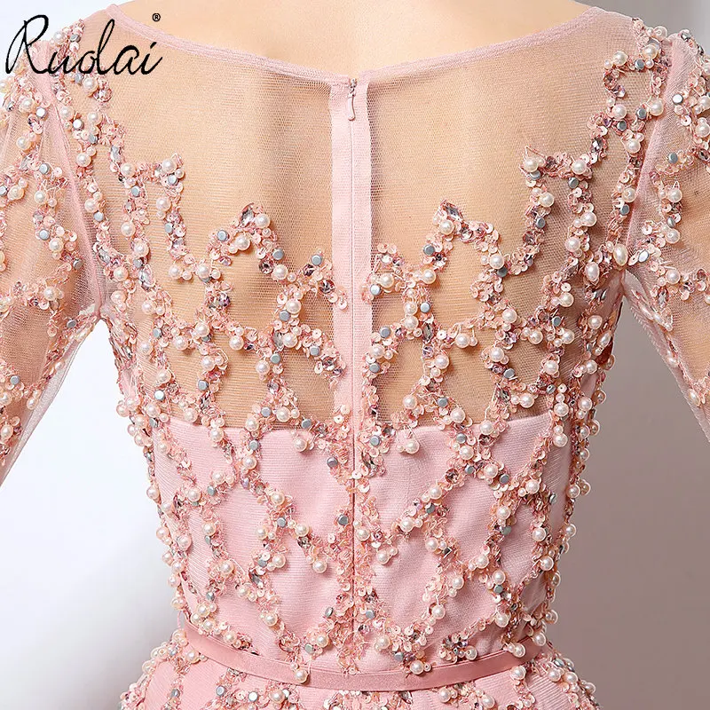 In Stock Pink Luxury Evening Dresses Long Full Sleeve with Sash A-Line Beaded Patrty Gown vestidos de fiesta noche | Свадьбы и