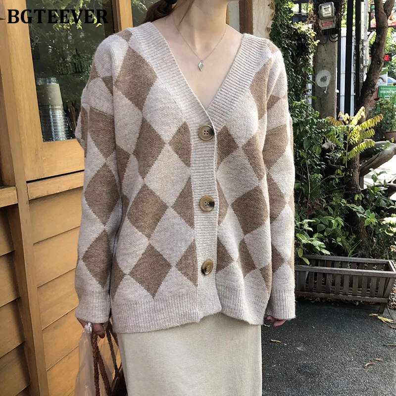 BGTEEVER шикарный однобортный клетчатый женский вязаный свободный зимний кардиган с