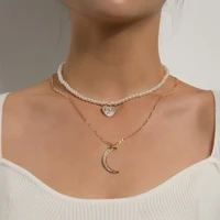 orgin summer temperament pearl love heart moon pendant necklace for women korean fashion double layer necklace jewelry hot