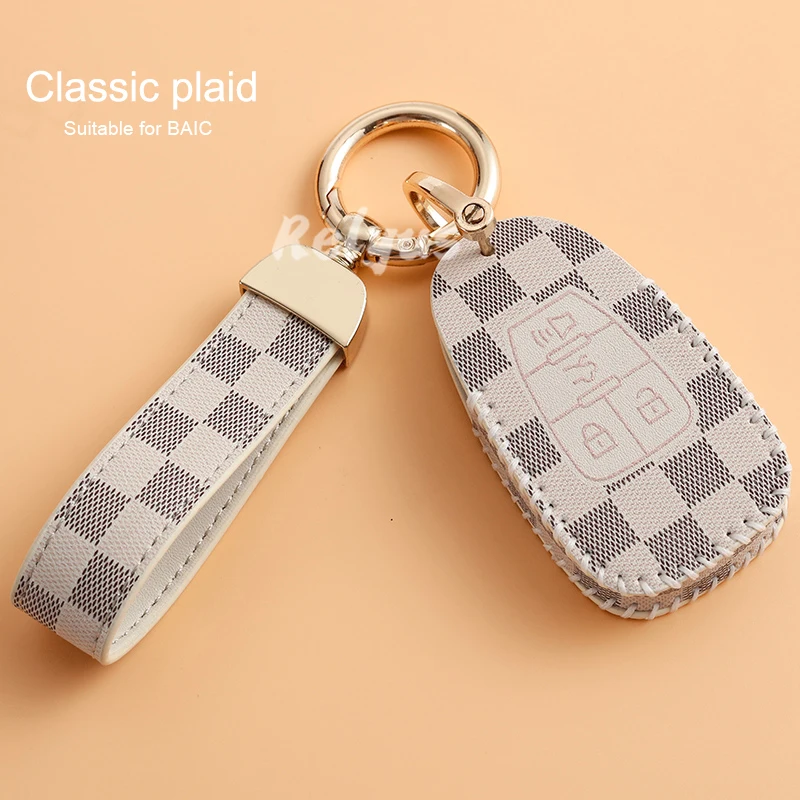 

Leather Car Remote Key Cover Case Shell For BAIC EU5 D50 BJ40 DJ80 Smart Key Fob Case Cover Auto Accessories
