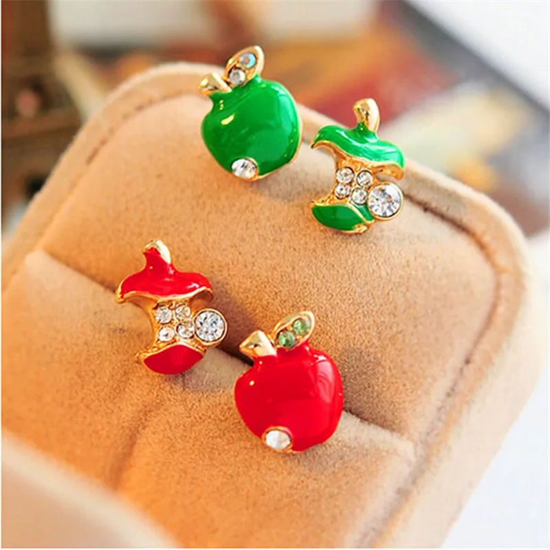 

Hot Sale New Design Red Green Color Glazed Apple Asymmetric Stud Earrings Fashion Women Accessories Jewelry Earring 1 Pair