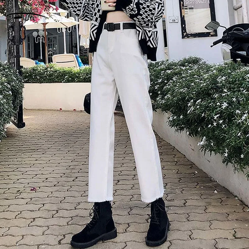 

Vintage Tassel Washed Harem Pants Skyblue Jeans Women High Waist Denim Pants Casual Black White Loose Boyfriend Jeans 10425
